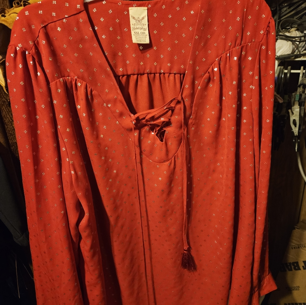 Red blouse silver accents